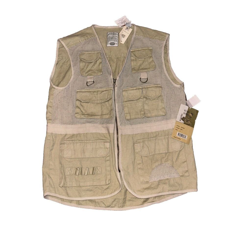 Vintage Bugle Boy Vest Men Large Khaki Fishing Ramie Cotto Mesh Cargo Zip Up NWT